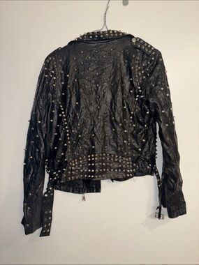 Black Studded Faux Leather Biker Jacket - Women's